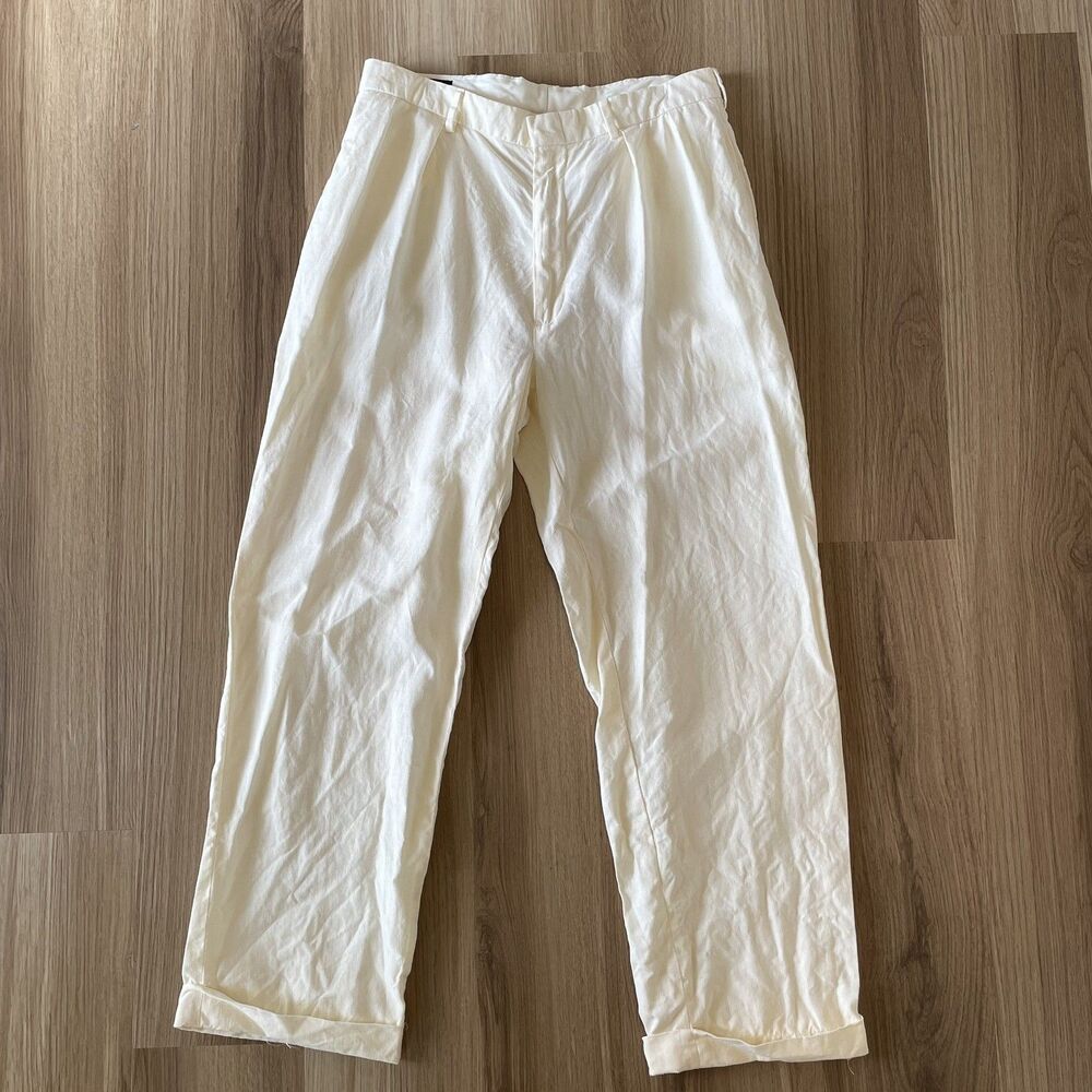 Polo Ralph Lauren Cream 100% Linen Pleats Cuffed Unlined Pants Luxury 35x32 Vtg